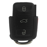 Volkswagen 4 Button Flip Key Shell. The shell includes the main body and buttons, but lacks the head and key blade. The Lock, Trunk, and Unlock buttons are on the front of the key, while the Panic button is on the side. The bottom of the shell has a metal loop for attachment to a ring.