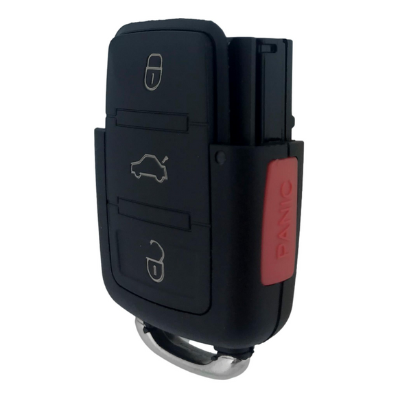Volkswagen 4 Button Flip Key Shell. The shell includes the main body and buttons, but lacks the head and key blade. The Lock, Trunk, and Unlock buttons are on the front of the key, while the Panic button is on the side. The bottom of the shell has a metal loop for attachment to a ring.